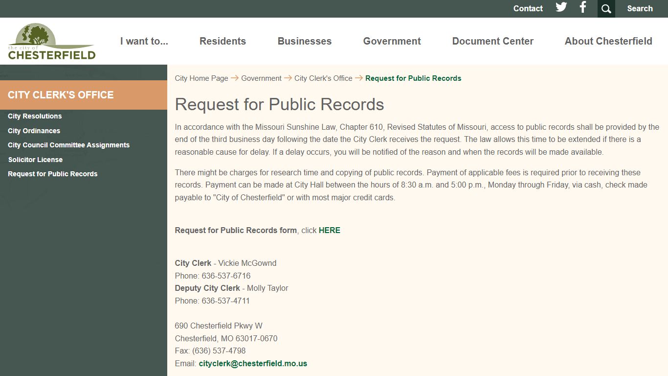 City of Chesterfield, Missouri | Request for Public Records